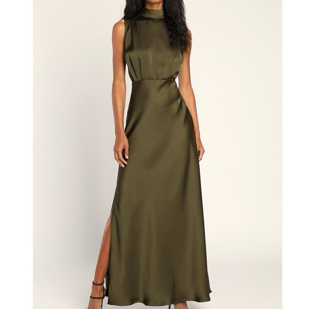 LULU'S M Classic Elegance Olive Green Sleeveless Mock Neck Maxi Dress NEW b35